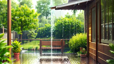 (masterpiece, best quality),1.2, cuva, about rain, best quality,1.5, , thunder, trees,red pots, colorful plants raining,water po...