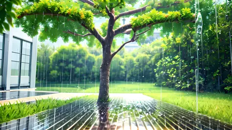 (masterpiece, best quality),1.2, cuva, about rain, best quality,1.5, , thunder, trees,red pots, colorful plants raining,water po...