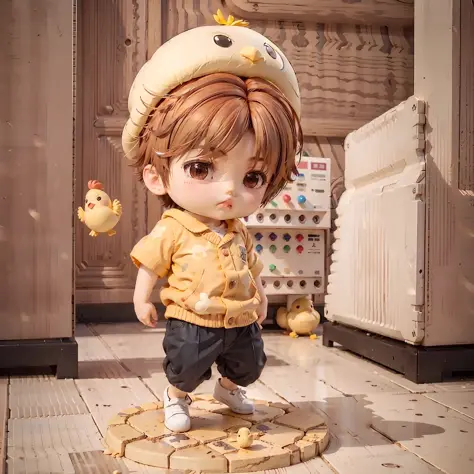 1boy, little boy, 5 year old ikun, cute, running, masterpiece, chicken farm, chick, chibi, full body,