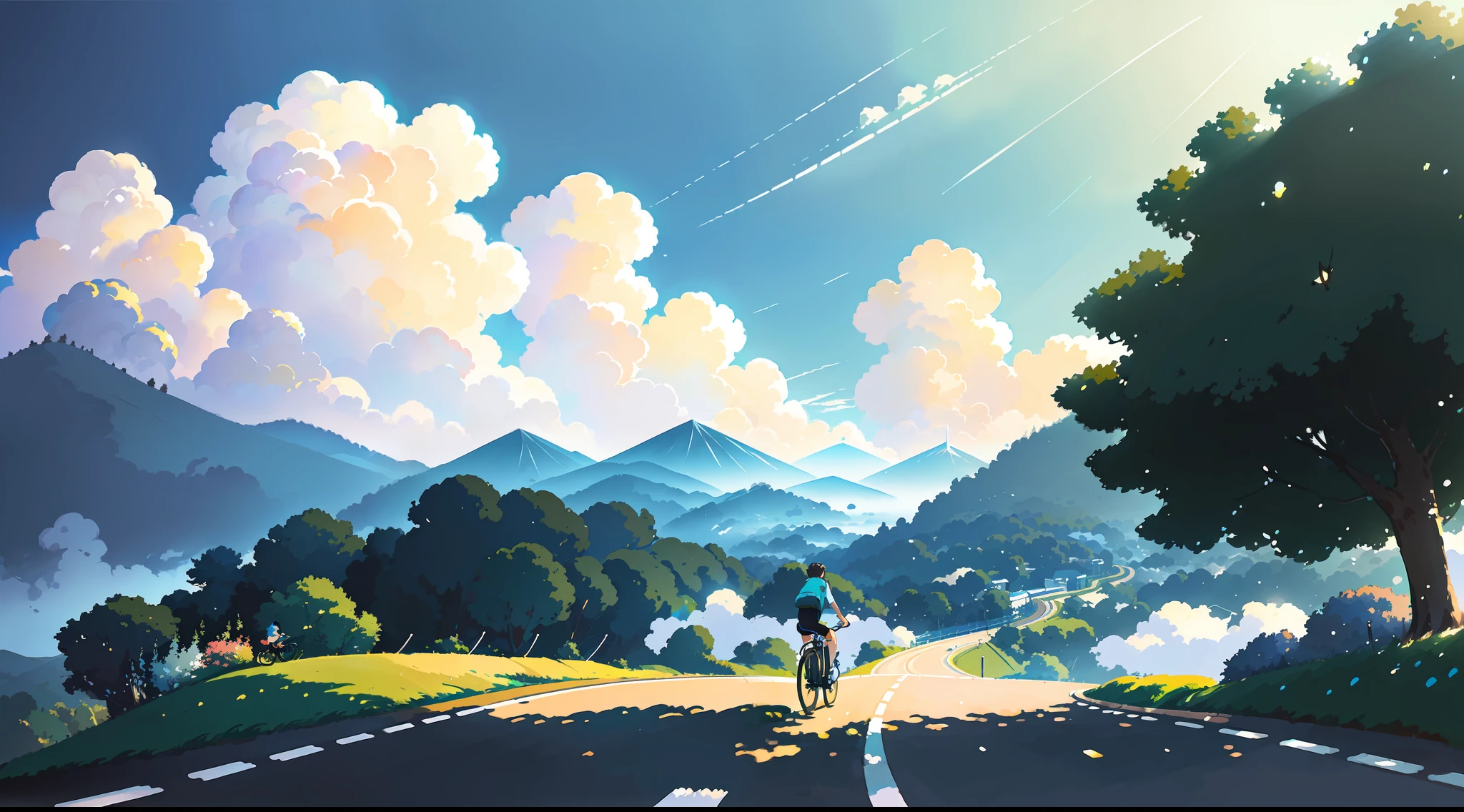 (bike: 1.5), (realistic bike: 1.5), (realistic cyclist: 1.5), back cyclist, sky, road in the clouds, sun, shadows, contrast, makoto shinkai, (Best quality:1.3), (Highres:1), Art by Studio Ghibli Style, Impressionism, Vibrant colors