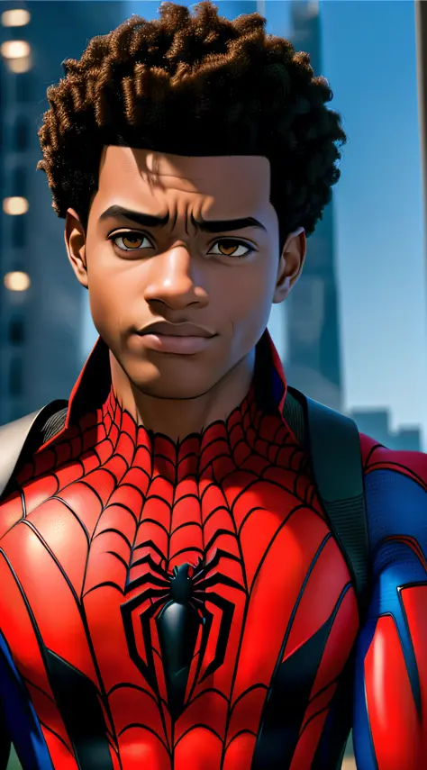 best quality, masterpiece, high resolution, 1 male, miles morales, spiderman,, curly hair, tindal effect,ism realism, dark studi...