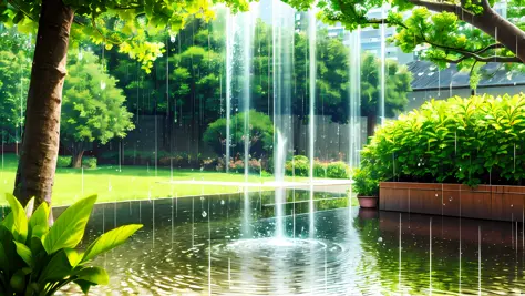 (masterpiece, best quality),1.2, cuva, over rain, best quality,1.5, , thunder, trees,red pots, colorful plants raining,water pos...