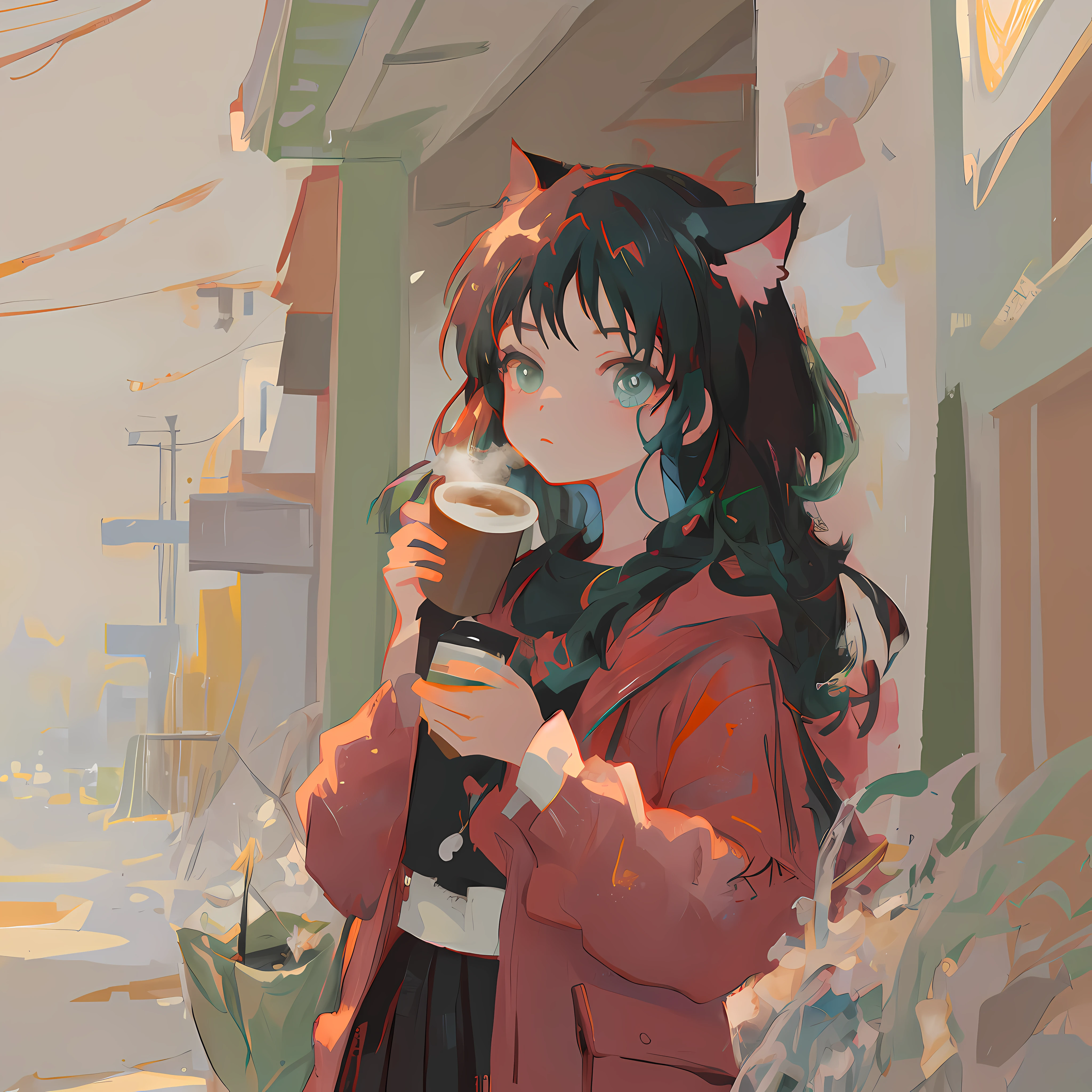 anime girl with a cup of coffee and a cat ear, artgerm and atey ghailan, artwork in the style of guweiz, atey ghailan 8 k, kawacy, painted in anime painter studio, anime style 4 k, ross tran style, ross tran 8 k, guweiz on pixiv artstation