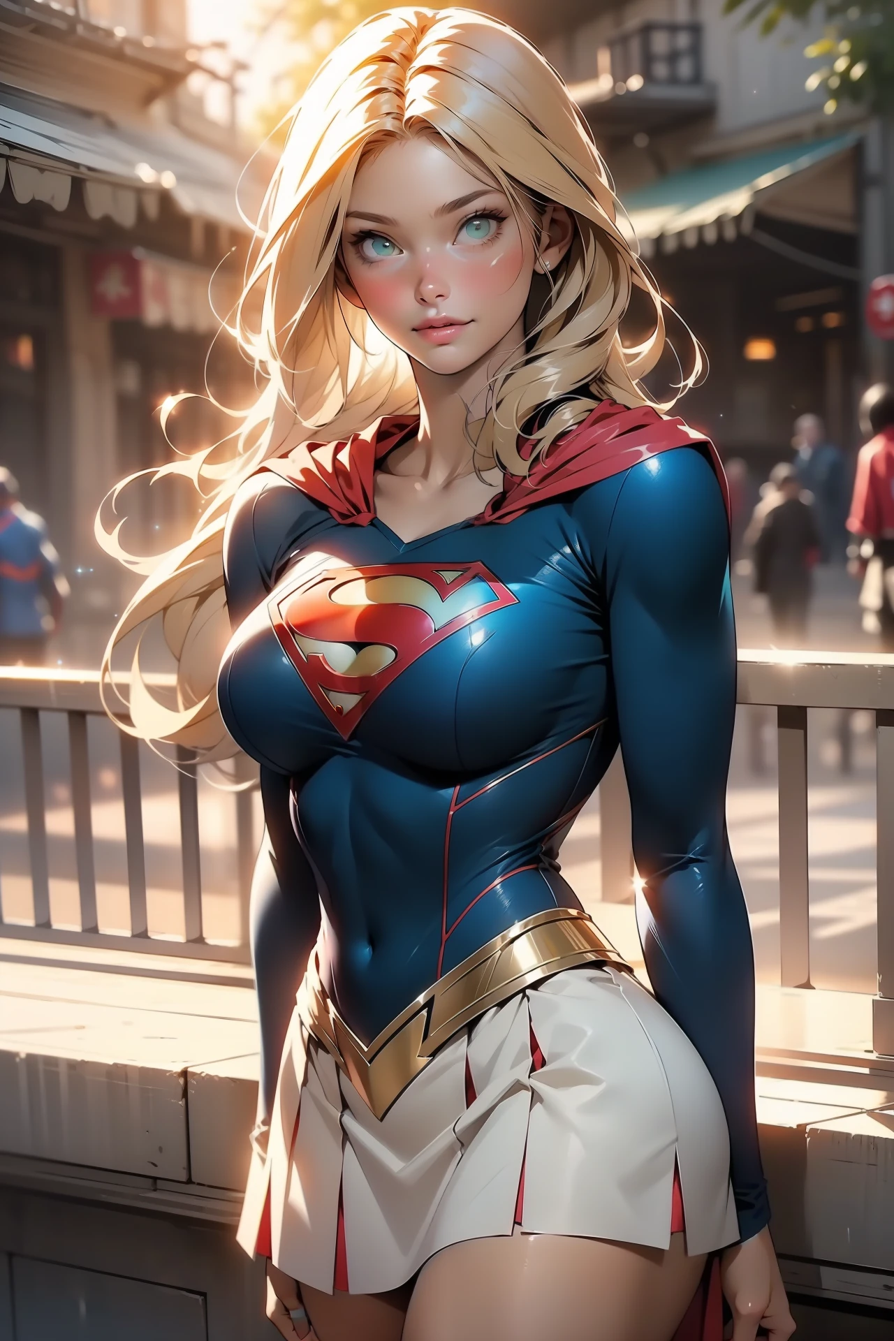 nsfw: 1.5, masterpiece, best quality, high quality, high definition, high quality textures, high quality shadows, high definition, beautiful detail, highly detailed CG, detailed textures, realistic representation of faces, realistic, colorful, delicate , cinematic lights, side lights, lens flares, ray tracing, sharp focus, supergirl, ((best quality, masterpiece, absurd, 8k)), 1 girl, solo, 21 years old,Supergirl(Helen Slater), huge breasts, huge breasts, long hair down to her hips, long hair,low hair, voluminous hair, white skin tone, green eyes, sparkling expressive eyes, huge breasts, she is supergirl, Supergirl cosplay , japanese sailor  female cosplay Supergirl, stocking 7/8 ,superman suit, blushing, embarrassed expression, shy smile, building terrace, daytime, pretty, young woman, hands behind) (1girl, __focus__:1.3), (intricate details, makeup , PureErosFace_V1:0.5), (delicate beautiful face with details, Delicate eyes beautiful in details, perfect face proportions, dense skin, ideal proportion of four fingers and one thumb, arms under the chest, huge breasts, miniskirt,upskirt,wide hips, flat upper abdomen , thin, dressed, blonde: 1.3), bed, no hands