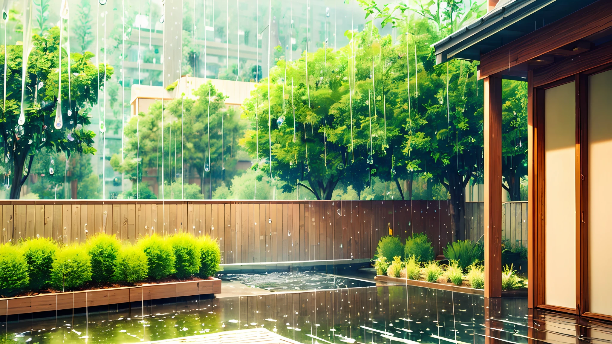 (masterpiece, best quality),1.2, cuva, about rain, best quality,1.5, , thunder, trees,red pots, colorful plants raining,water pose, drops, outside, realistic,3d, rain falling, drops flying, realistic, rain, over cuva, lots of rain in the gutter