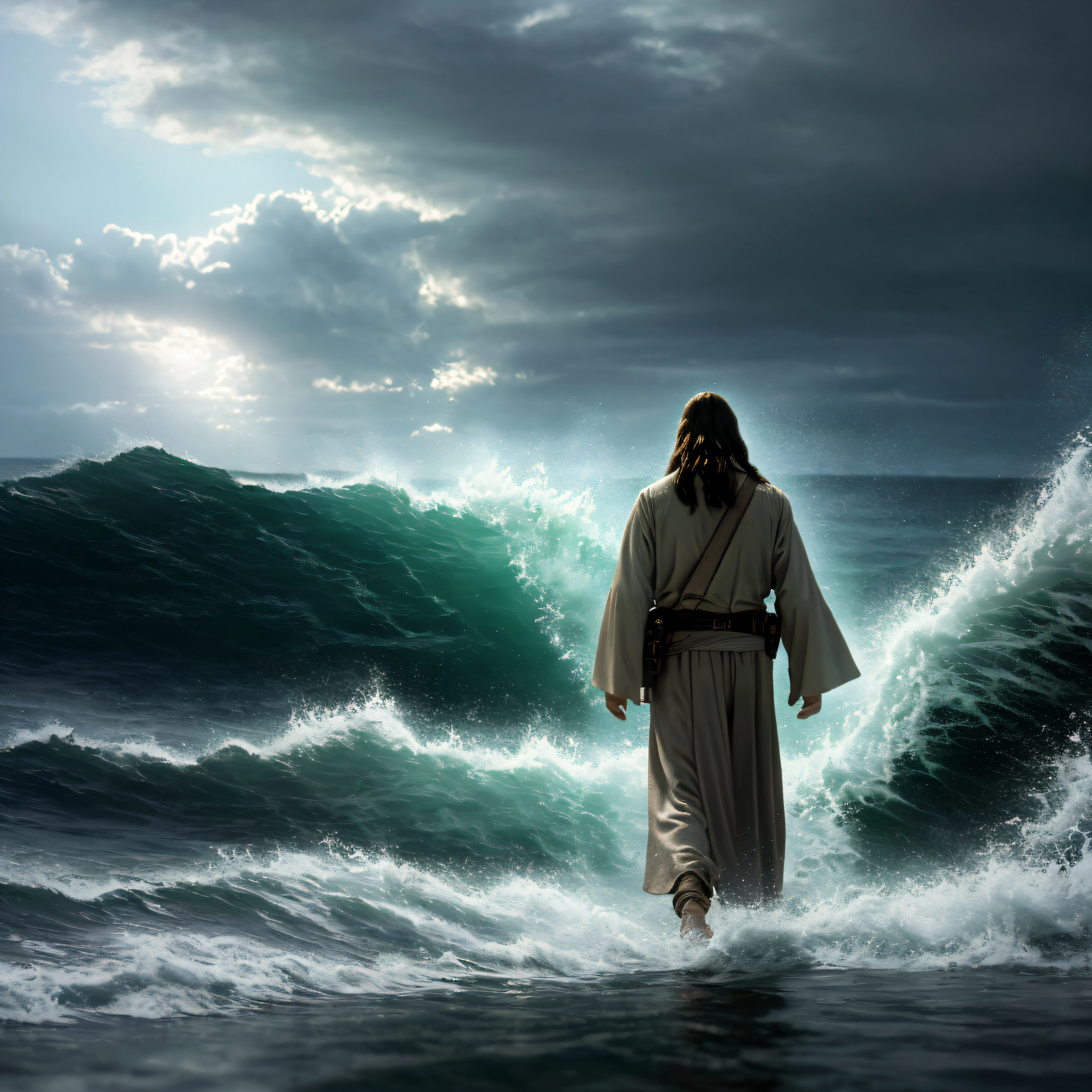 Ultra realistic photo,cinematic scene,jesus walking on water in the middle of a storm, masterpiece, best quality, high quality, 8k extremely detailed CG unit wallpaper, award-winning photography, Bokeh, Depth of Field, HDR, bloom, chromatic aberration, photorealistic, extremely detailed, trend in artstation, trend in CGsociety, intricate, high detail, dramatic, art in the middle of the journey,  Volumetric lighting