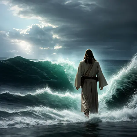 Ultra realistic photo,cinematic scene,jesus walking on water in the middle of a storm, masterpiece, best quality, high quality, ...