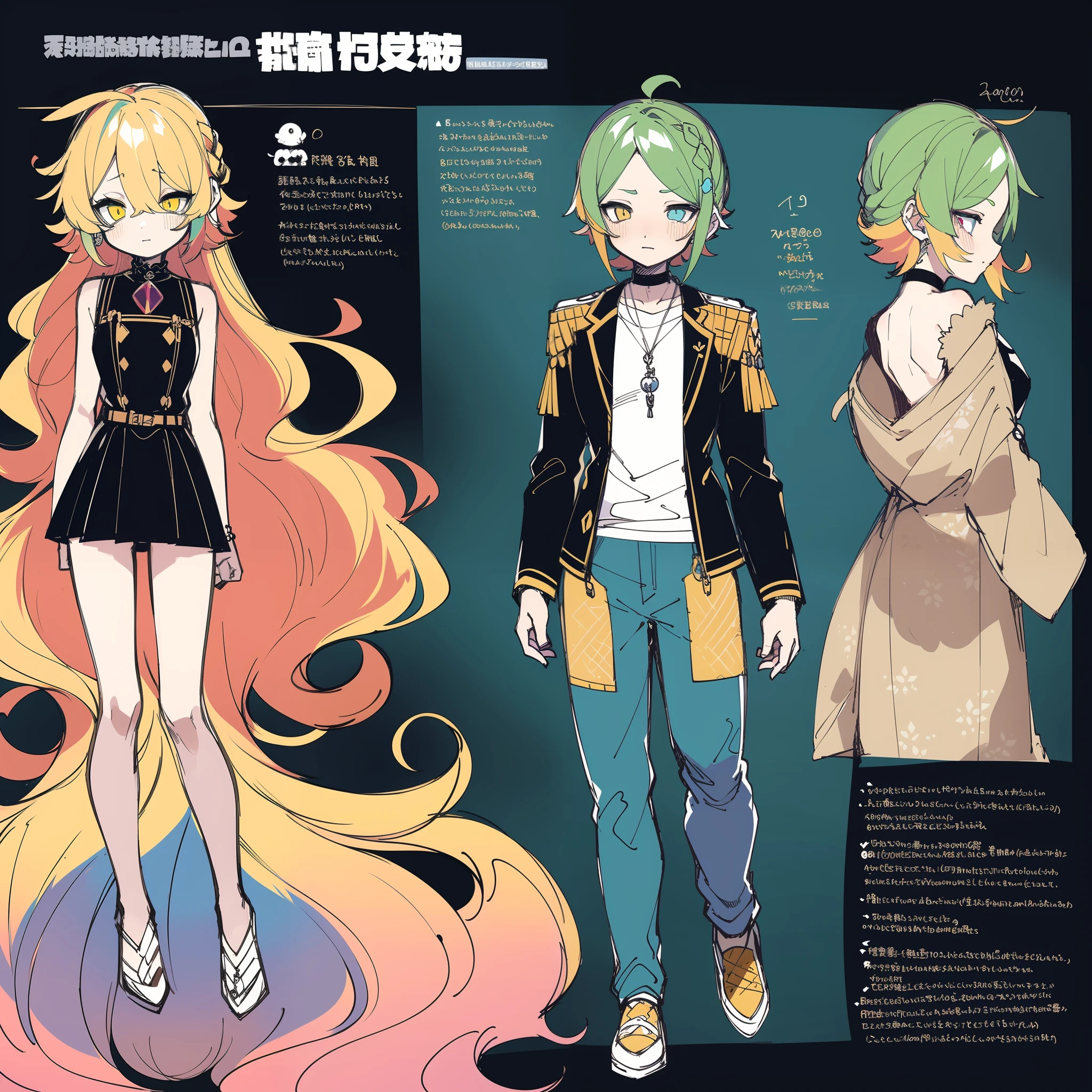 (Character Design Sheet, Same Character, Front, Side, Back), 2d Anime Style, Anime Moe Art Style, Genderless, Pink Hair, Long Bangs, A Slender Twist Braid, Golden Eyes, Glowing Eyes, No Clothes, Black Limbs, Cute Art Style, Anime Style Illustration, Anime Girl, by Kamagurka, in pixiv, pixiv style, pixiv, in anime style, Anime art style, Full body commission