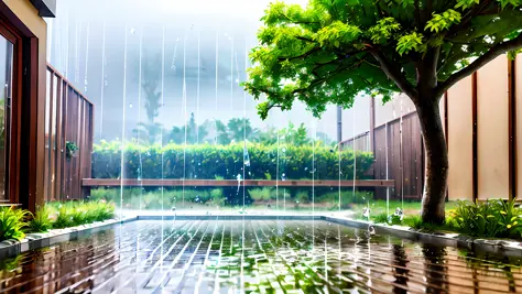 (masterpiece, best quality),1.2, cuva, about rain, best quality,1.5, , thunder, trees,red pots, colorful plants raining,water po...