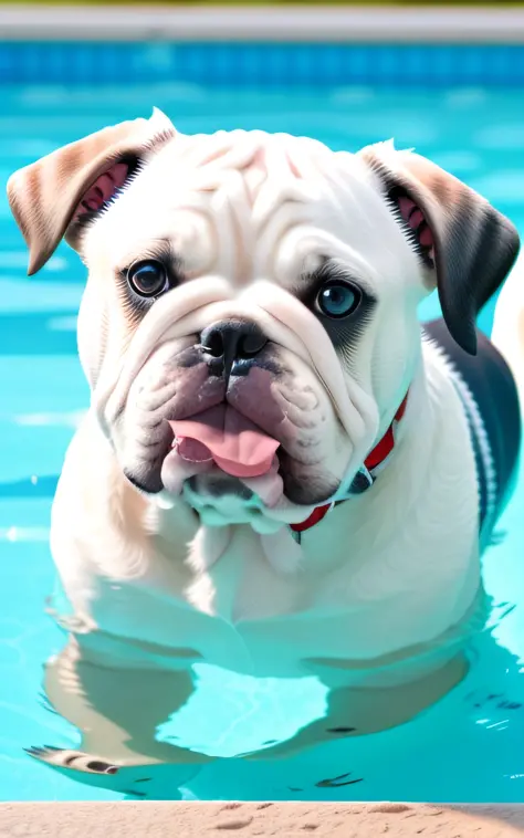 hyper Quality,Cute two Bulldog puppies,different body colors,swimming in the pool,smile,black eyes,barking,narrow eyes,smile,eos r3 28mm --auto