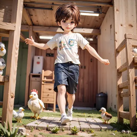 1boy, little boy, 5-year-old ikun, cute, running, masterpiece, chicken farm, chick,