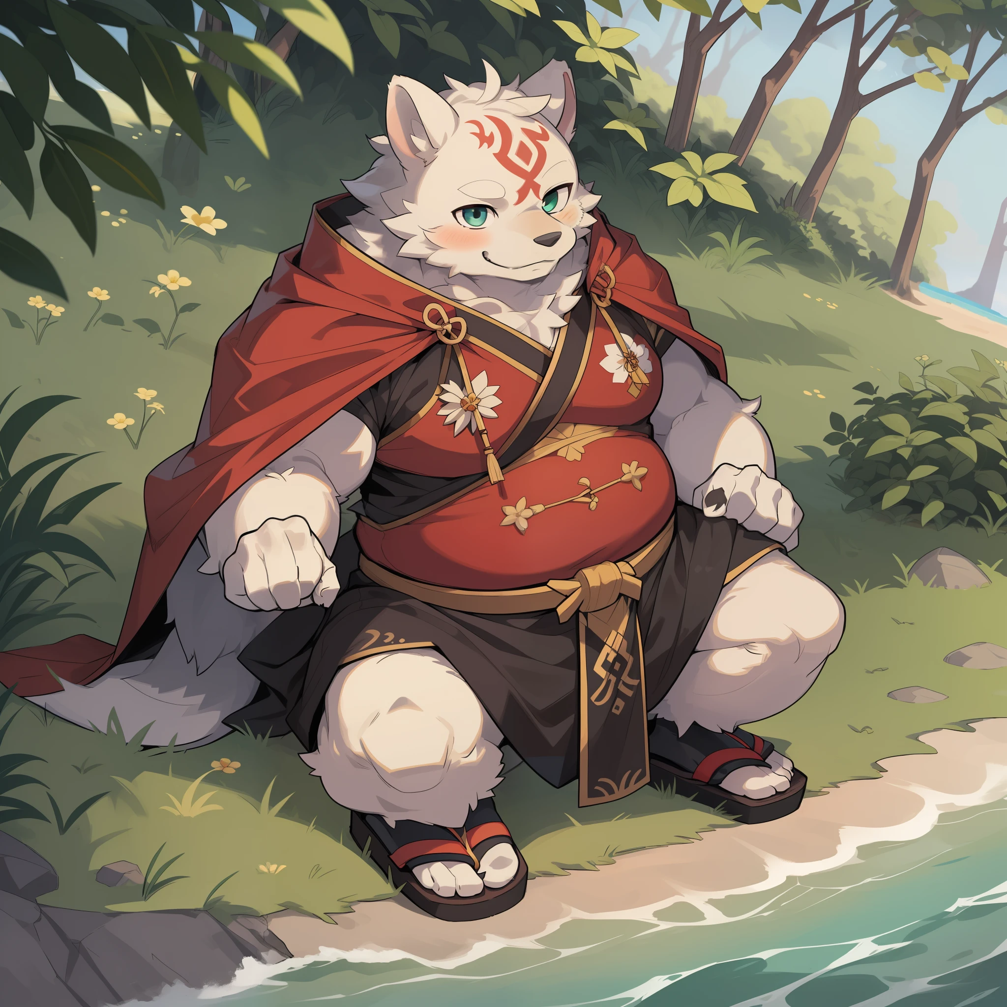 White bear orc, slightly chubby, samurai suit, geta, male, furry, anthropomorphic furry art, furry, on the beach, seaside, grass, flower, young, wearing a cape, cape, single, 8K, high quality, flexible posture