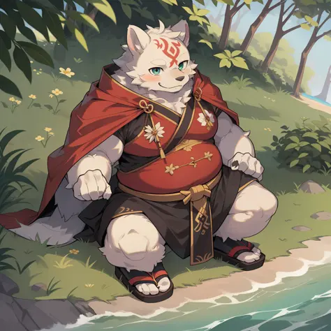 White bear orc, slightly chubby, samurai suit, geta, male, furry, anthropomorphic furry art, furry, on the beach, seaside, grass...