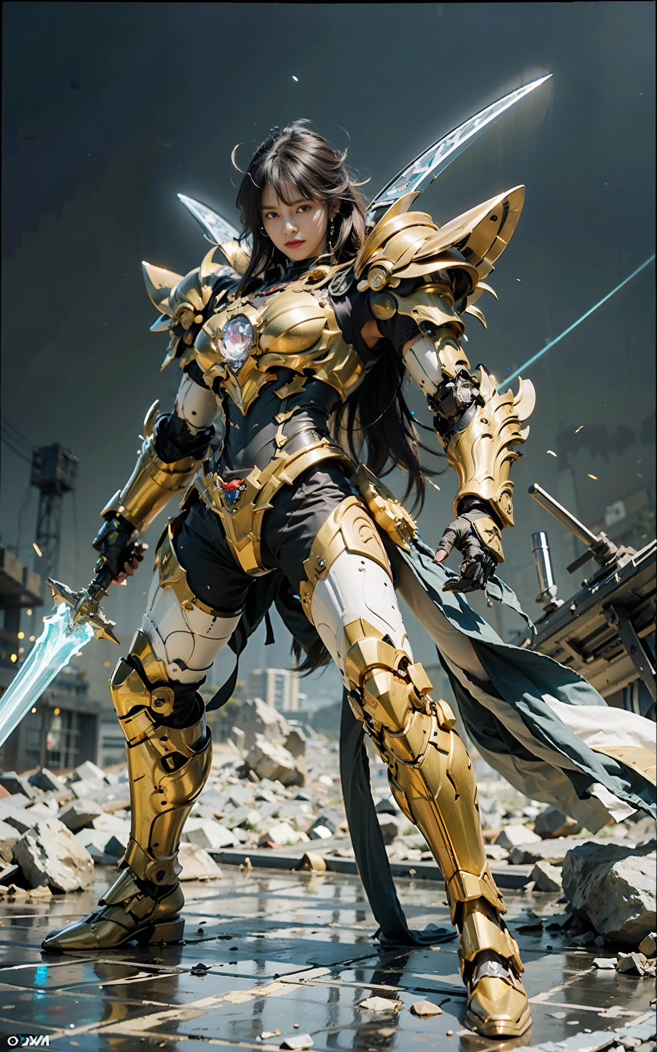 (beste Qualität)), (Mecha: 1.3UND Saint Seiya UND Rüstung), (Kristall: 0.4), dynamische pose, ((Meisterwerk)), (Einzelheiten: 1.4), Panorama, Wide, filmische Beleuchtung, (Gold|Weiß: 1.5), (Leuchteffekte::0.5), Waffen, Abonnieren, Allein, Laser Sword, Strukturierte Haut 3D, HDR, Maximale Bildqualität 16K, beste Qualität, verrücktes Detail, Objektiv im David-La-Chapelle-Stil, Professionelle RAW-Farbfotos von der Canon EOS R6 – Meisterwerke, Raytracing, Surrealistische Detailschule, Unrealistischer Motorstil