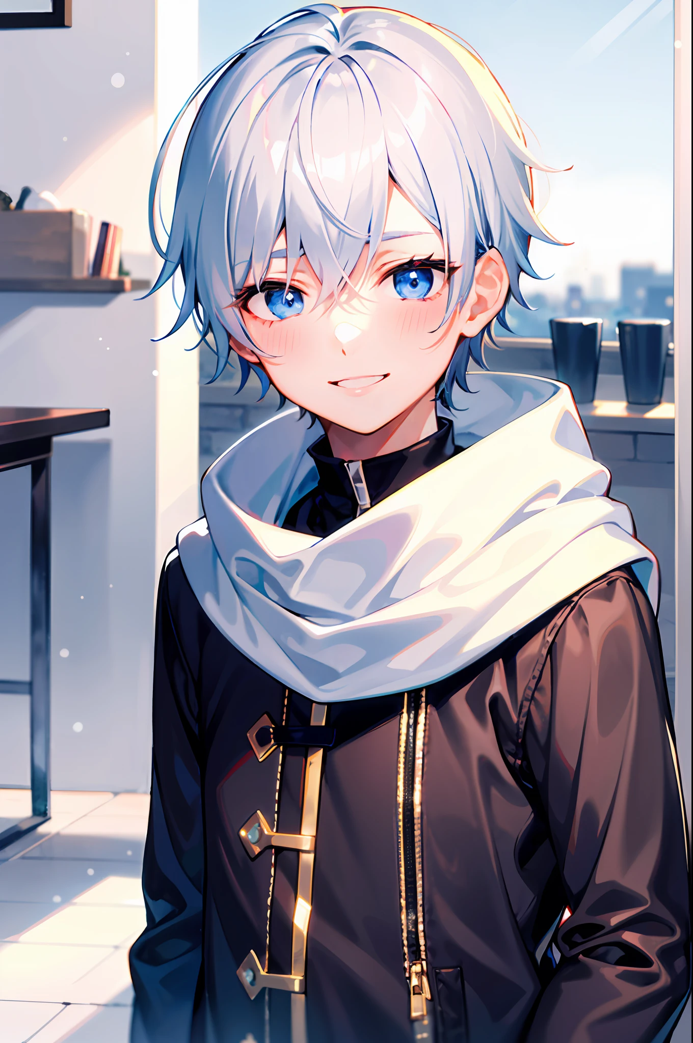 (morning), 1boy, solo, looking at the viewer, winter, (center), smile, white hair, blue eyes