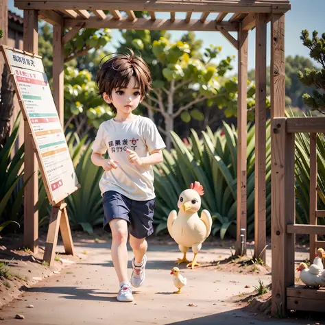 1boy, little boy, 5-year-old ikun, cute, running, masterpiece, chicken farm, chick,