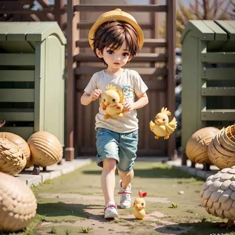 1boy, little boy, 5 year old ikun, cute, running, masterpiece, chicken farm, chick, chibi, full body,