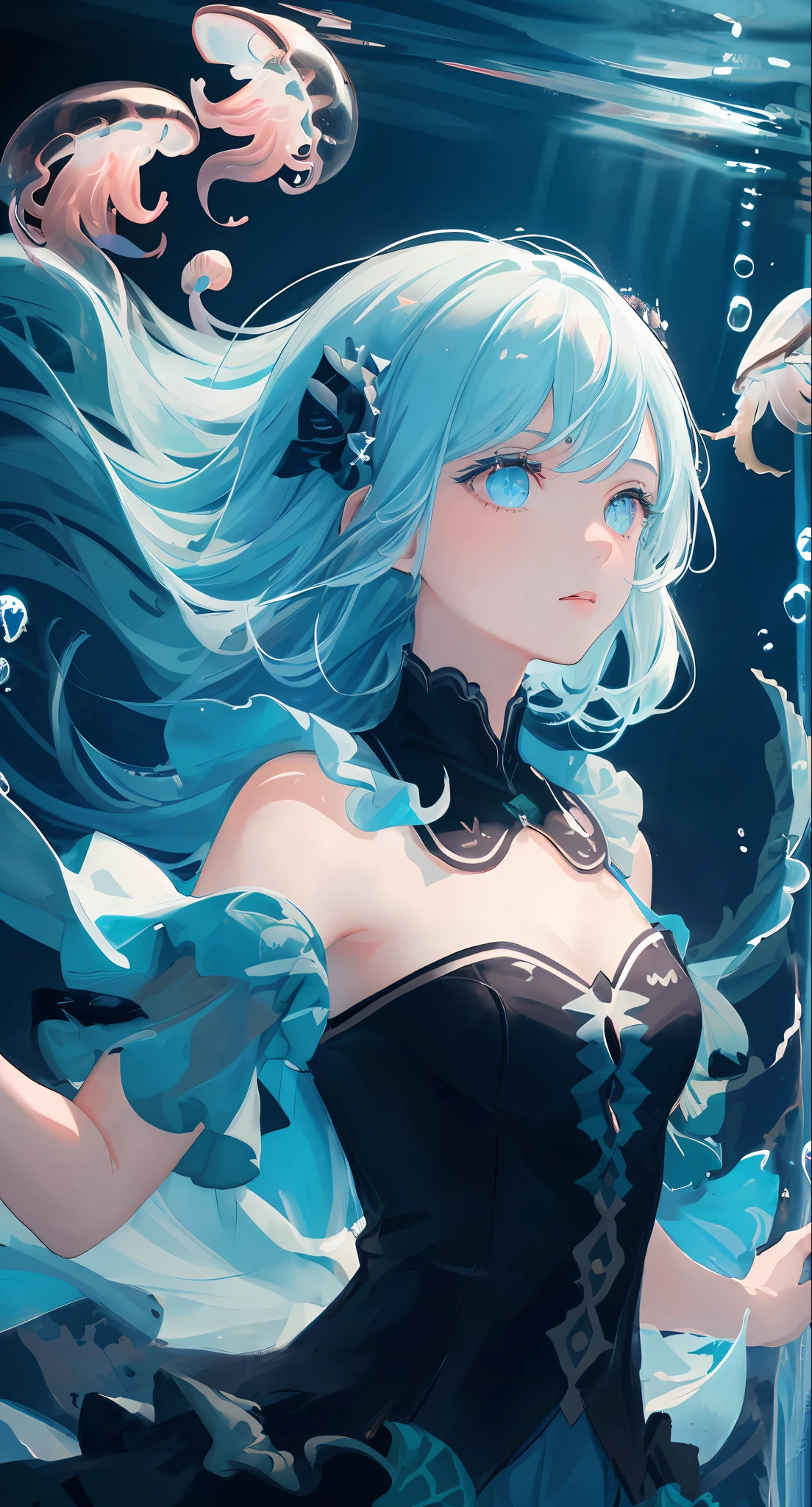 ((masterpiece,best quality)),(negative space:1.2),(1girl, solo:1.4),beautiful detailed eyes,floating hair, underwater, bubble, fish, (jellyfish), fluorescence,sea turtle, seaweed,