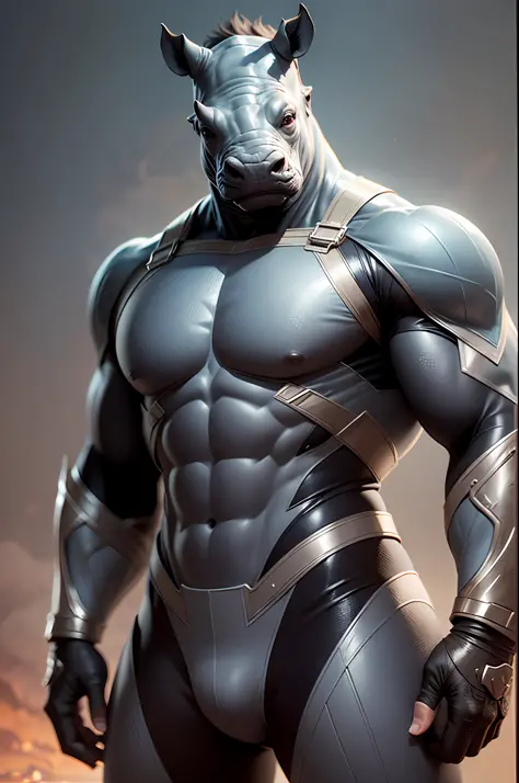 Although very handsome, a man's whole body is realistic, Superhero Rhino Man Action, Amazing Movie Highly detailed illustrations Detailed face Detailed suit 8k CGI resolution