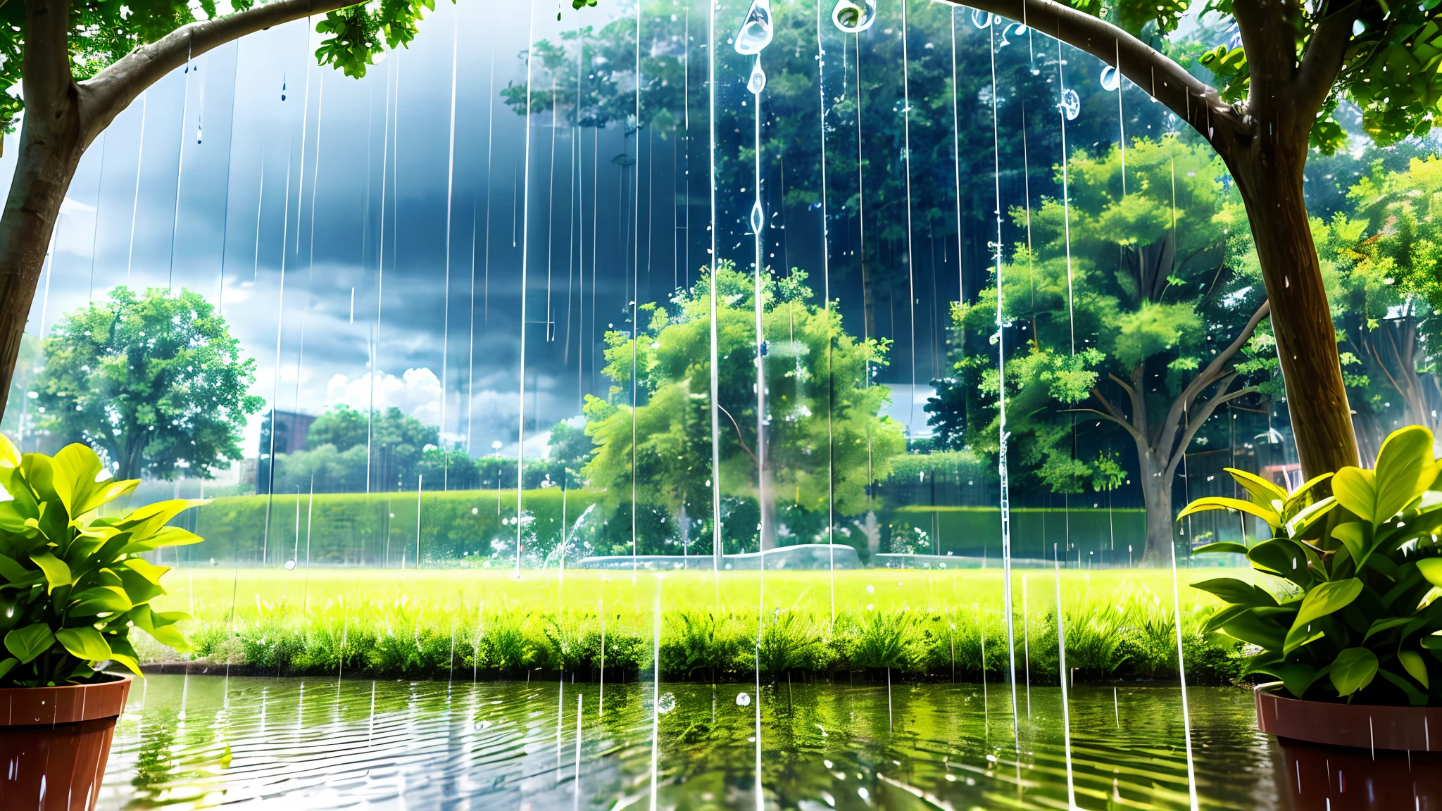 (masterpiece, best quality),1.2, cuva, over rain, best quality,1.5, , thunder, trees,red pots, colorful plants raining,water pose, drops, outside, realistic,3d, rain falling, drops flying, realistic