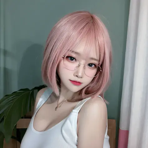 best quality, (photorealistic:1.2), 1girl, solo, shiny skin, detailed face, face focus, pink hair, (glasses), bob cut, (looking at viewer:1.5), blue eyes, white tank top