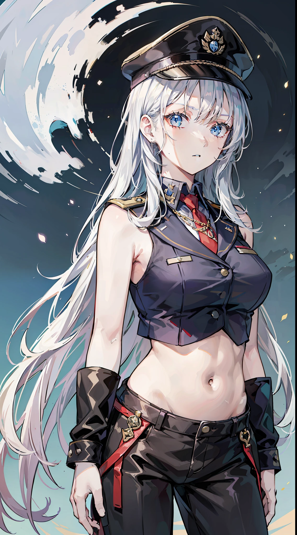Serious young girl, long white hair, blue eyes, soldier uniform, sleeveless, open belly, pants, serious look, masterpiece, high quality