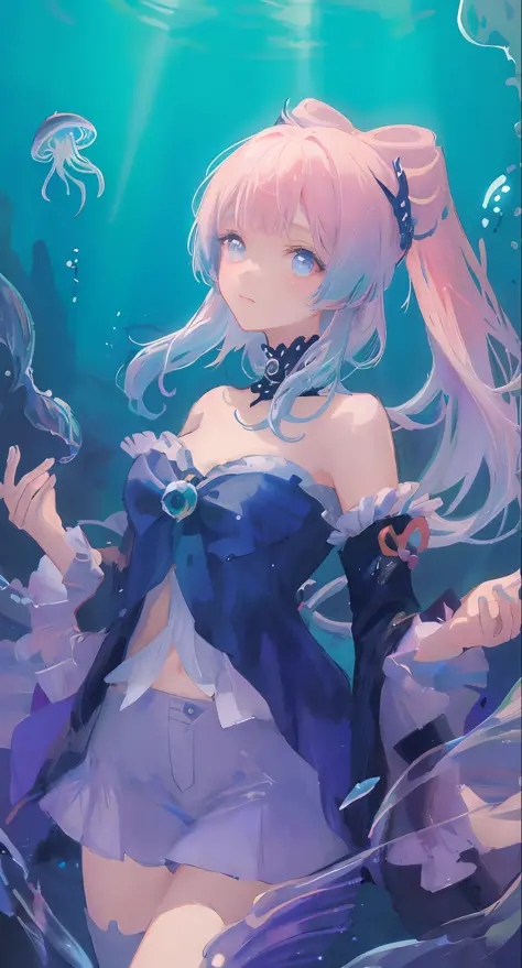 ((masterpiece, best quality)), (negative space: 1.2), (1girl, solo: 1.4), beautiful and detailed eyes, flowing hair, underwater,...