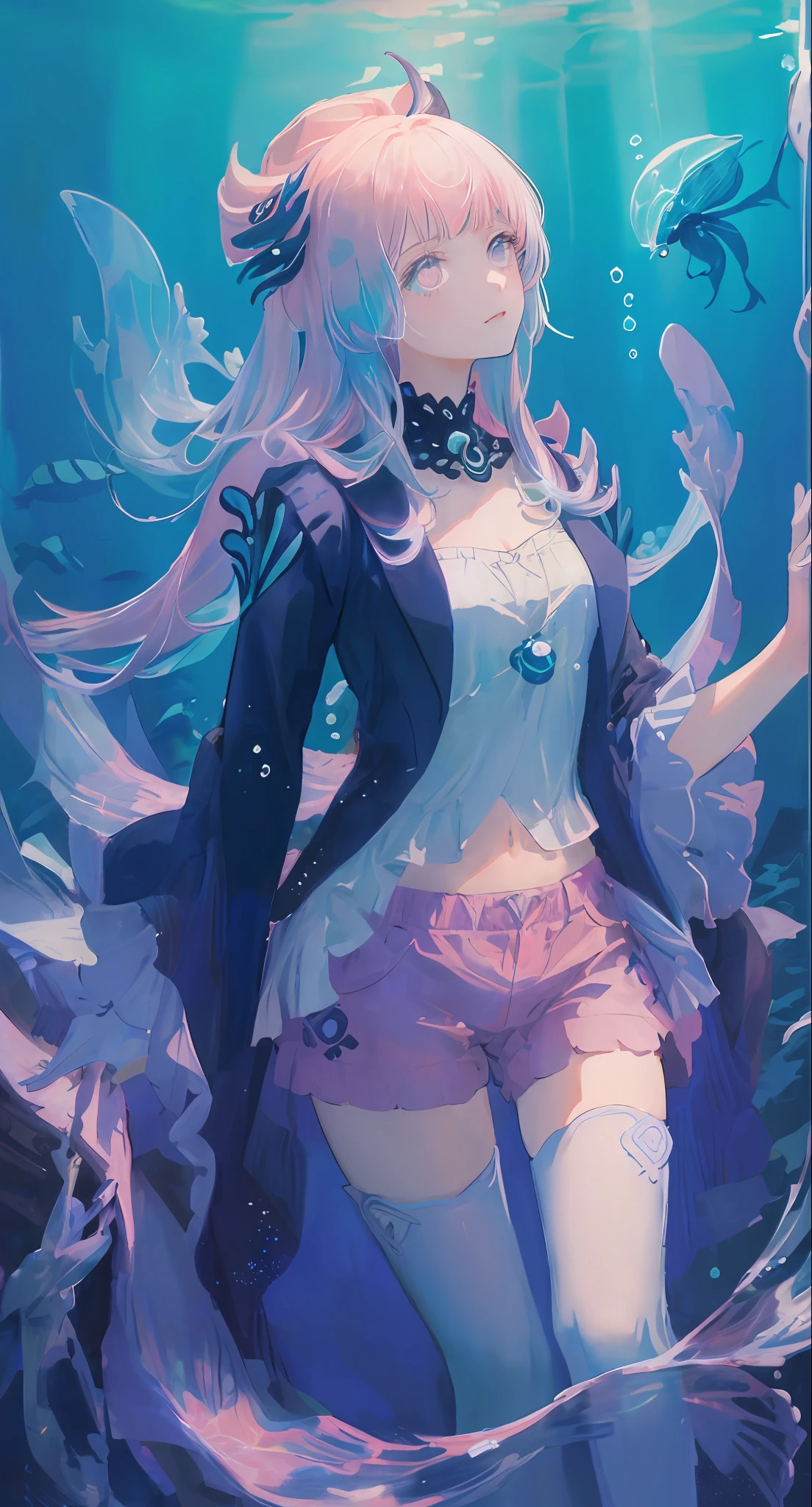 ((masterpiece, best quality)), (negative space: 1.2), (1girl, solo: 1.4), beautiful and detailed eyes, flowing hair, underwater, bubbles, fish, (jellyfish), fluorescent, turtles, seaweed, official art