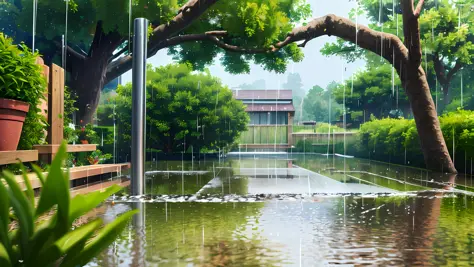 (masterpiece, best quality),1.2, cuva, over rain, best quality,1.5, , thunder, trees,red pots, colorful plants raining,water pos...