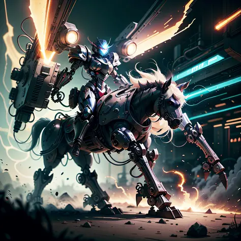 Anime girl riding a horse at night in the city, cyberpunk anime girl in mecha armor, cybernetic armor inside the mecha, red armor, mechanized Valkyrie girl, cyberpunk artwork, by Yang J, knight of the zodiac girl, incredibly detailed artistic concept, anim...