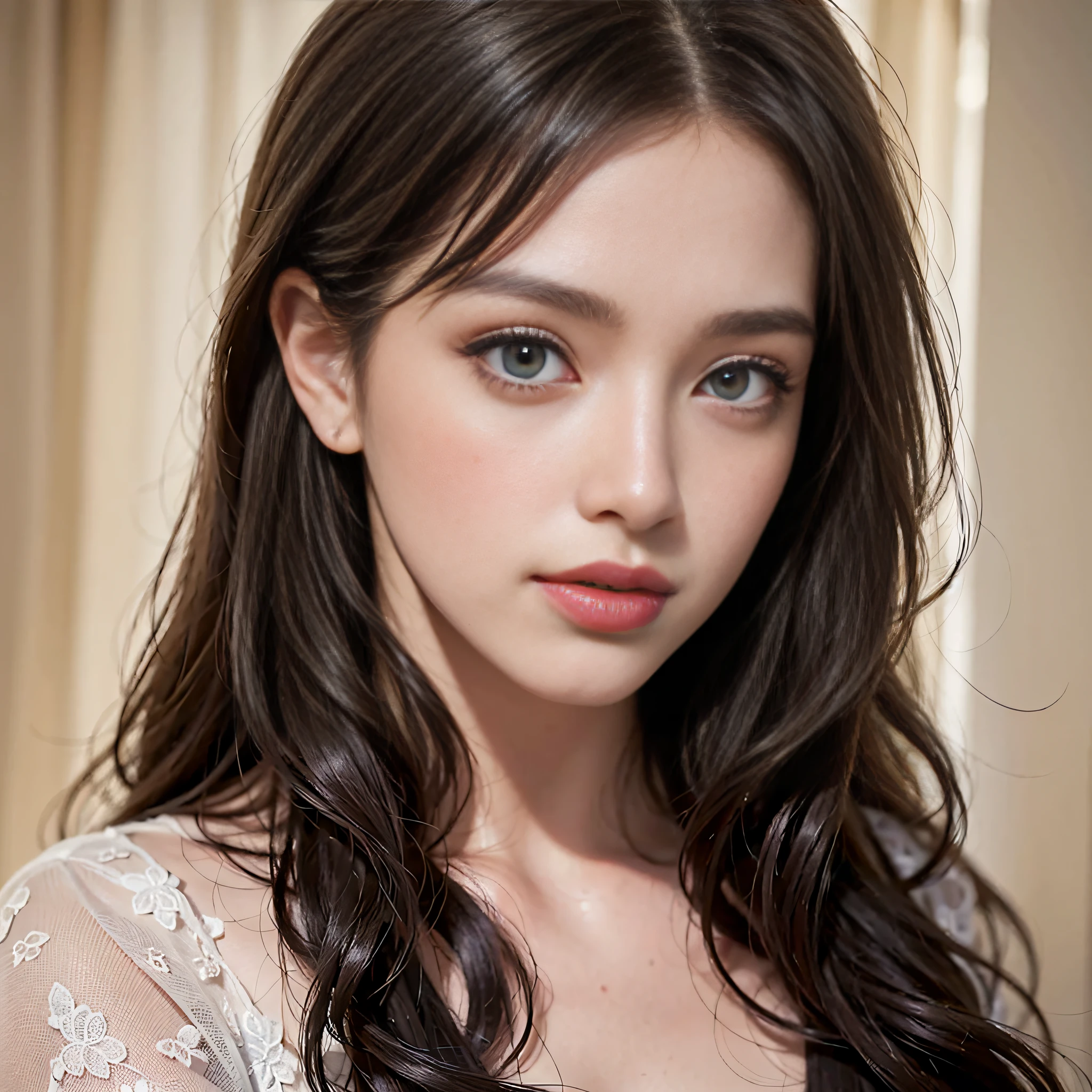 (masterpiece), (highest quality), (realistic), attractive daughter, beautiful portrait, transparent eyes, beautiful eyes, beautiful nose, beautiful mouth, pretty lips, fine-grained skin, portrait shooting, long hair, elegant long face, beautiful woman with perfect figure: 1.4,