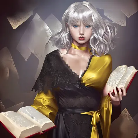 Woman with silver hair, black toga with silver lace, books in her arms
