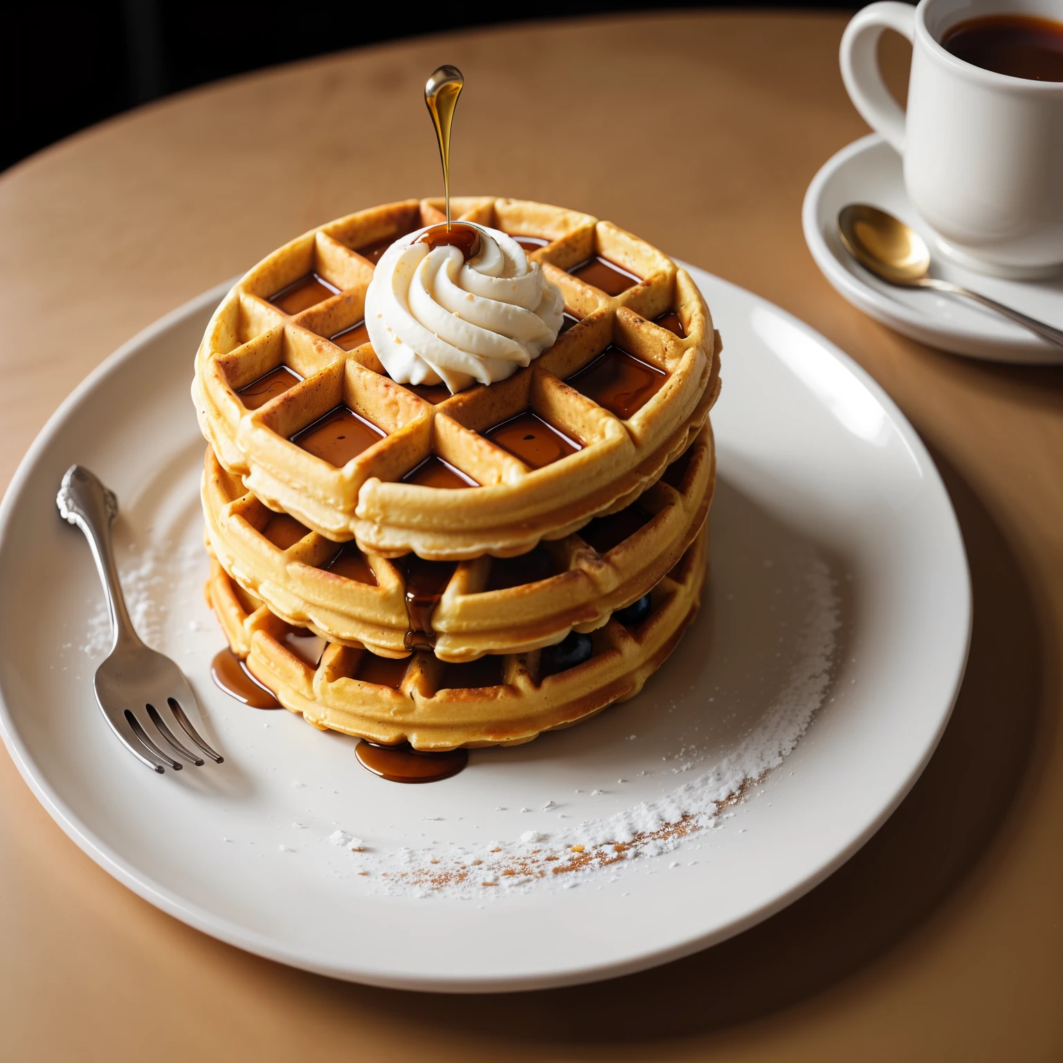 RAW photo, waffles, foodphoto, professional colour grading, soft shadows, no contrast, clean sharp focus, foodphoto,