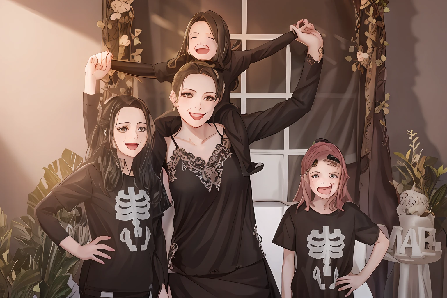 there are three girls posing for a picture with a skeleton on their shirts, halloween, with a skeleton army, goth family, malika favre, family portrait, portrait image, lifestyle, family photo, 3 5 year brazilian mother, sao paulo, perfect android girl family, profile image, modeling for dulce and gabanna, 40 years old women, kids