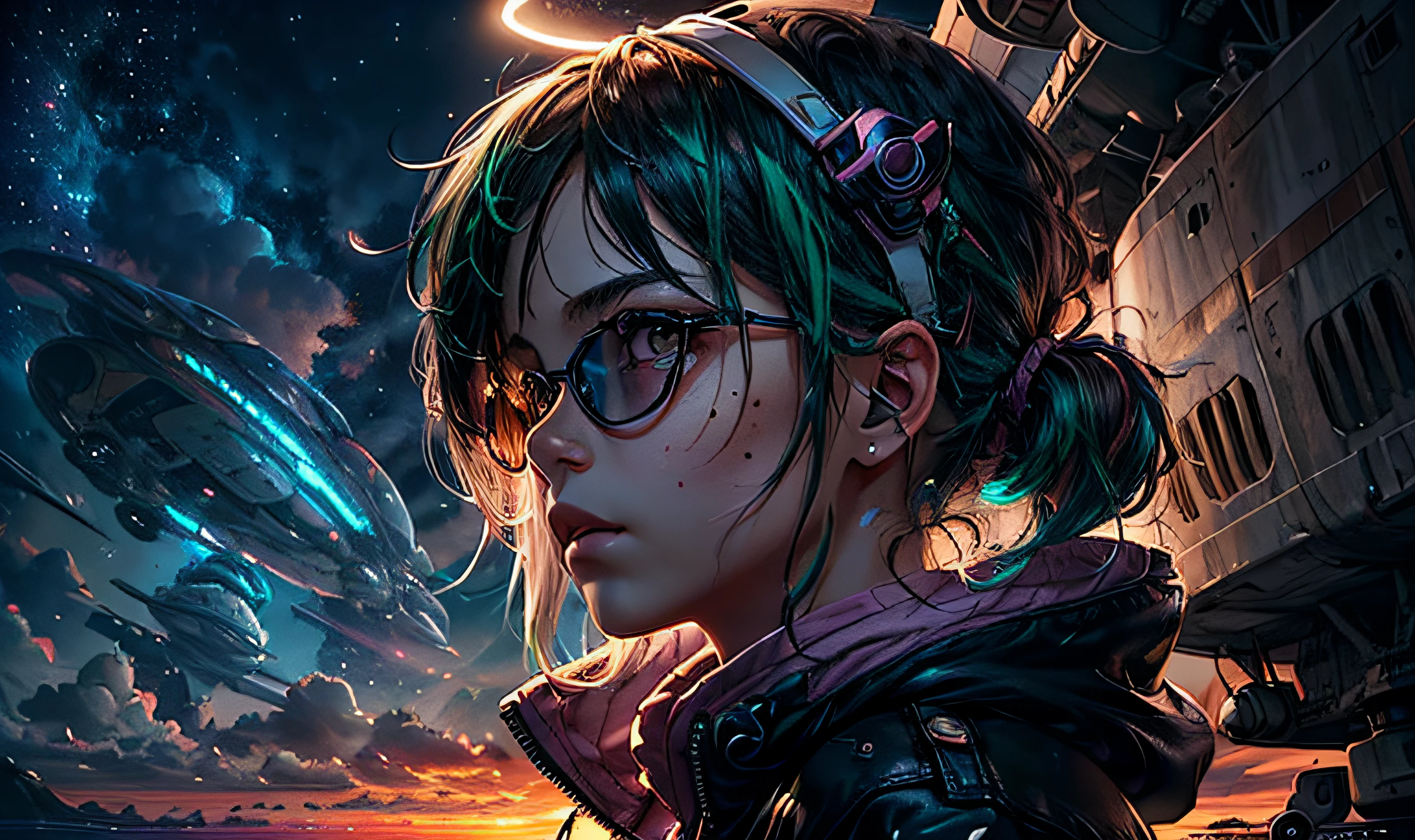 1girl, streaked hair, colored inner hair, green hair, ahoge, side ponytail, halo, goggles, bandage on, mole under eye, raised eyebrows,black leather jacket,white shorts,pink eyes, megaphone, spaceship, sunset, windy,sky,looking at viewer, 
 (masterpiece, top quality, best quality, official art, beautiful and aesthetic:1.2), extreme detailed,colorful,highest detailed ((ultra-detailed)), (highly detailed CG illustration), ((an extremely delicate and beautiful)),cinematic light,(character focus),