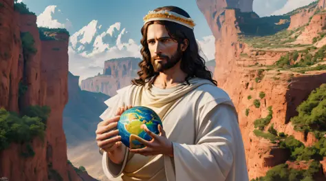 "Realistic 8k masterpiece with perfect anatomy: Jesus Christ holding planet Earth in one hand, with an undeformed face."