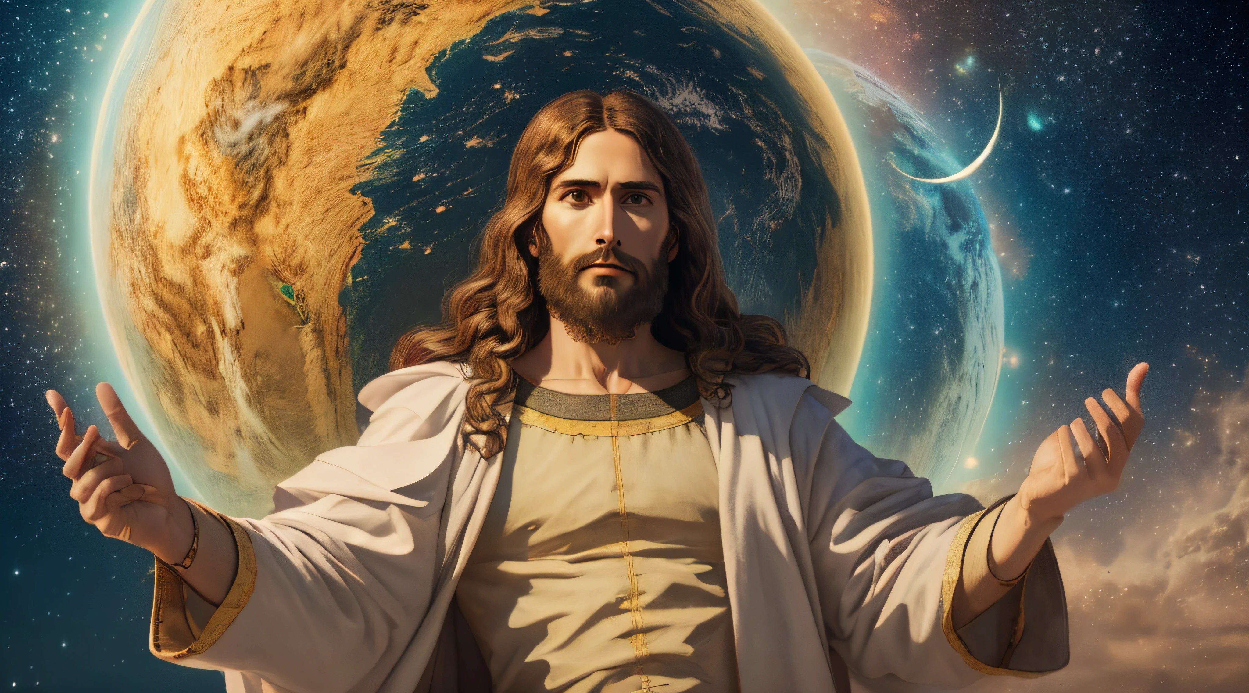 "Реалистичный шедевр 8k с идеальной анатомией: Иисус Христос держит планету Земля в одной руке, с недеформированным лицом."