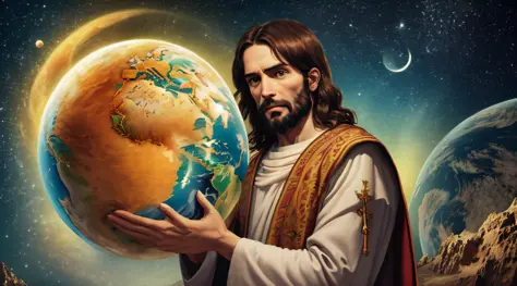 "Realistic 8k masterpiece with perfect anatomy: Jesus Christ holding planet Earth in one hand, with an undeformed face."