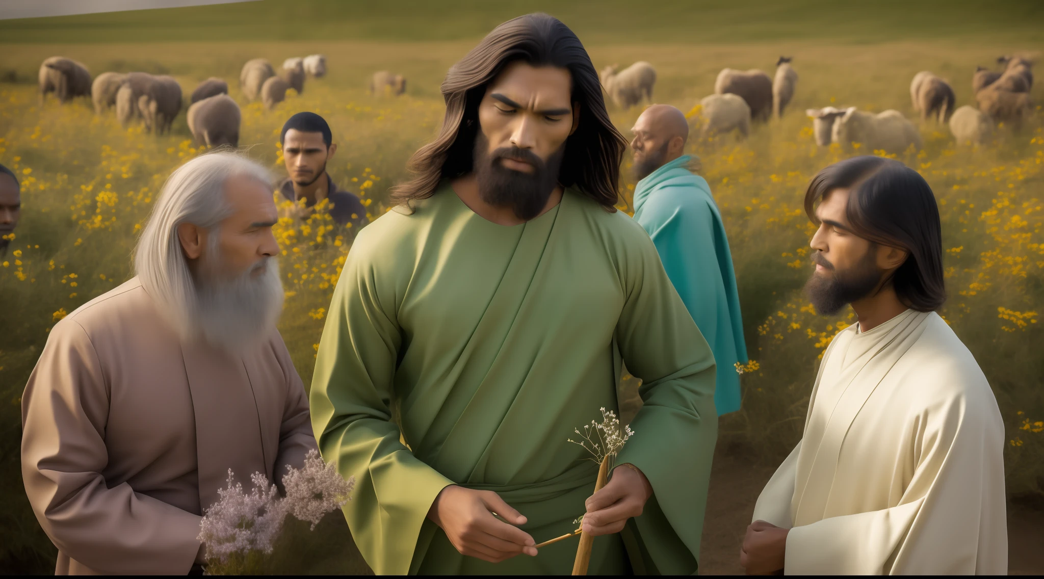 In the image, we see Jesus Christ portrayed in rich detail in a scene that harkens back to his time, herding sheep in a beautiful, well-lit green field. He is dressed in a long, simple tunic, made of textured fabric and in earthy tones. His hair and beard are long and slightly wavy, demonstrating his masculinity and wisdom. His eyes are deep and compassionate, reflecting a divine serenity. Jesus' gaze conveys unconditional love and compassion for all human beings. In His hands, He holds a carved wooden staff, symbolizing His role as shepherd of the flock. Behind him, a verdant field stretches out, dotted with wildflowers and natural plants that represent God's creation. Around Jesus, there are people from different backgrounds and social conditions. Some are hunched over, seeking comfort and guidance, while others are standing, looking at him with wonder and hope. Their facial expressions vary, showing the diversity of emotions that Jesus awakens in each one. Sunlight shines softly over the scene, creating a serene and welcoming atmosphere. In the background, hills and hills can be seen, which evoke the landscape of the region in which Jesus lived.