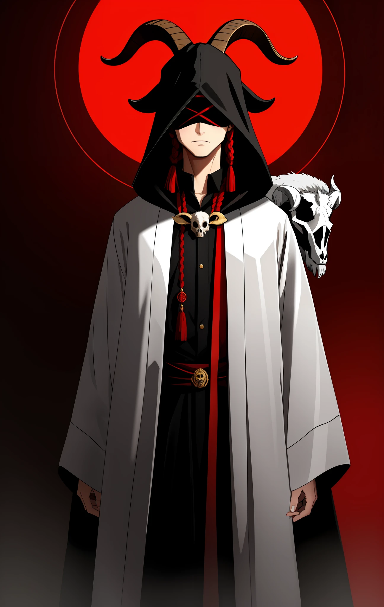 Jovem com uma venda cobrindo os olhos, usando uma caveira de cabra na cabeça, vestindo um manto cerimonial de cor vermelha e preta, com garras, homem cego, aura satânica, segurando um crânio de cabra