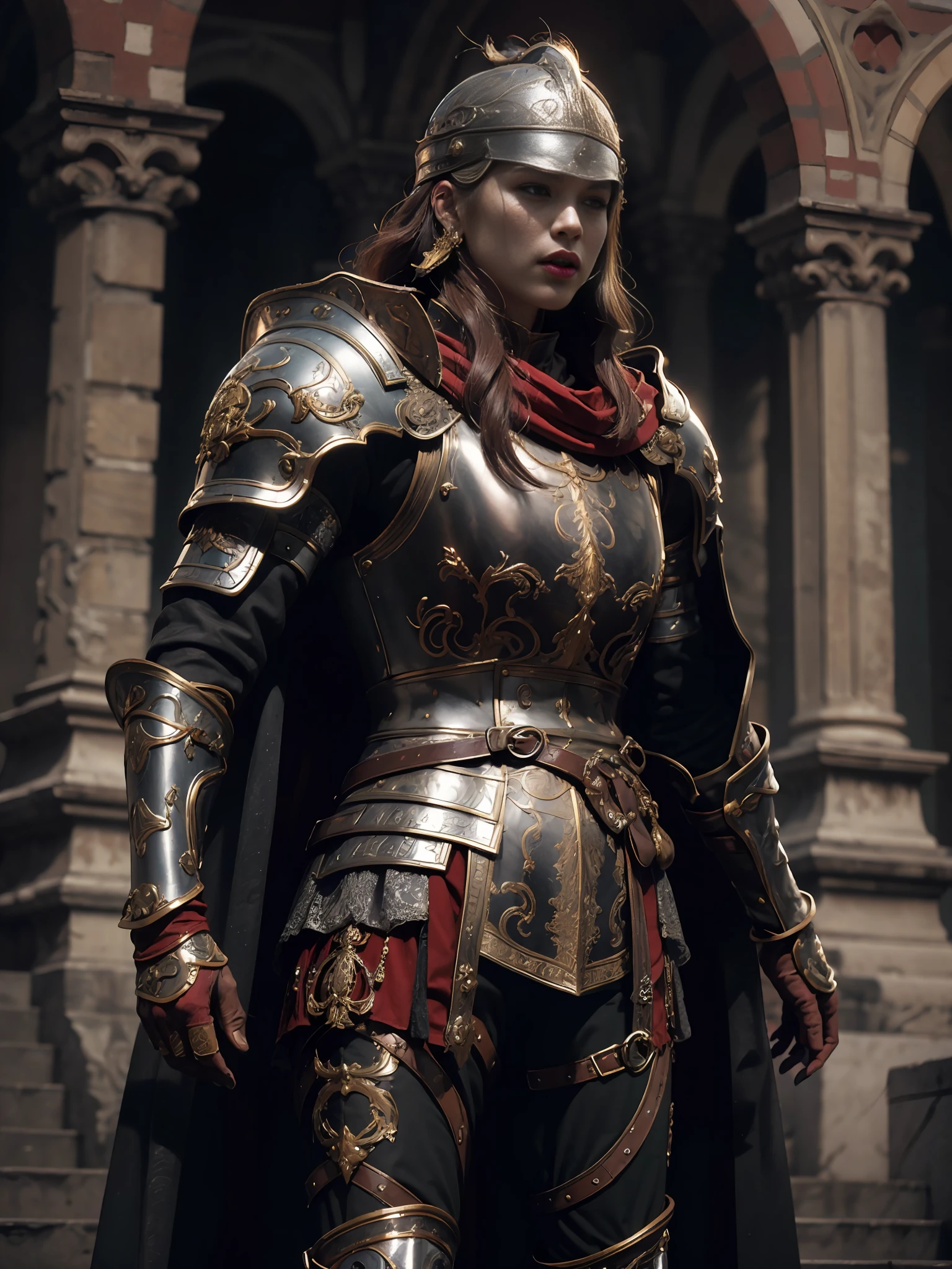 1fille,Beauté, seulement, Femme guerrière romaine avec casque rouge et cape, longs cheveux noirs, en colère, Fille extrêmement belle, maquillage subtil, heure d&#39;argent, photoréaliste, contraste élevé, 16K HD, détaillé, hyper-détaillé, texture de peau réaliste, cheveux roux, athlétique, meilleure qualité, ultra haute résolution, Photo brute, éclairage dramatique, Moteur irréel, lueur diffuse complexe et languette argentée, cape noire, champ de bataille,  debout