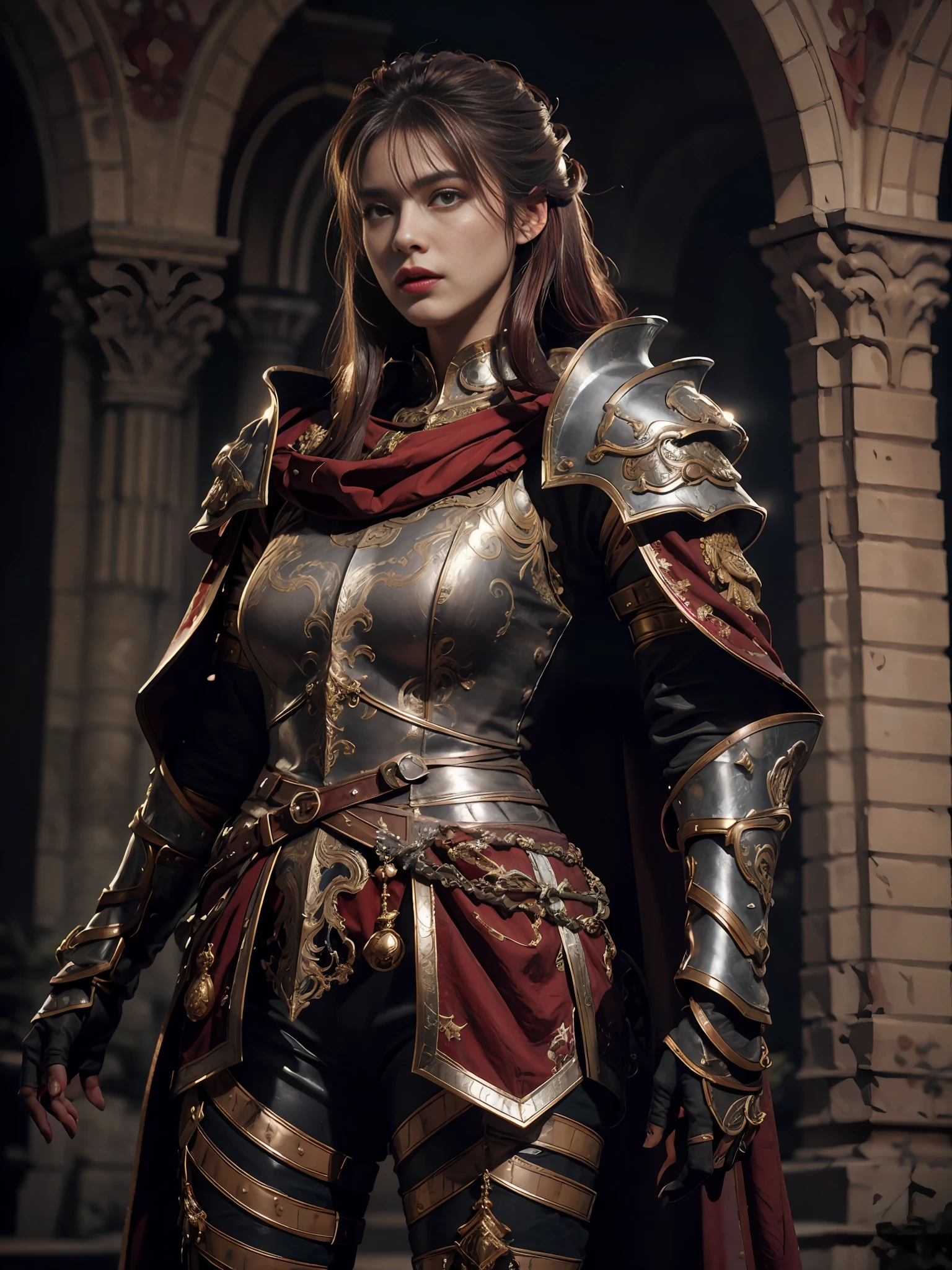 1girl,beauty, solo, female roman warrior with red helmet and cape, long black hair, angry, extremely beautiful girl, subtle makeup, silver hour, photorealistic, high contrast, 16k HD, detailed, hyper-detailed, realistic skin texture, red hair, athletic, best quality, ultra high res, raw photo, dramatic lighting, unreal engine, intricate diffuse glow and silver tab, black cape, battlefield,  Standing