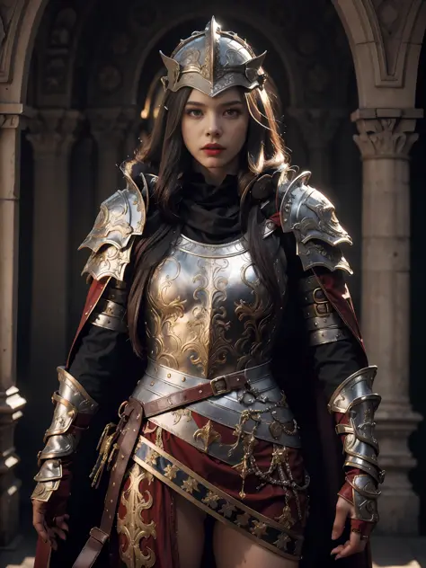 1girl,beauty, solo, female roman warrior with red helmet and cape, long black hair, angry, extremely beautiful girl, subtle make...