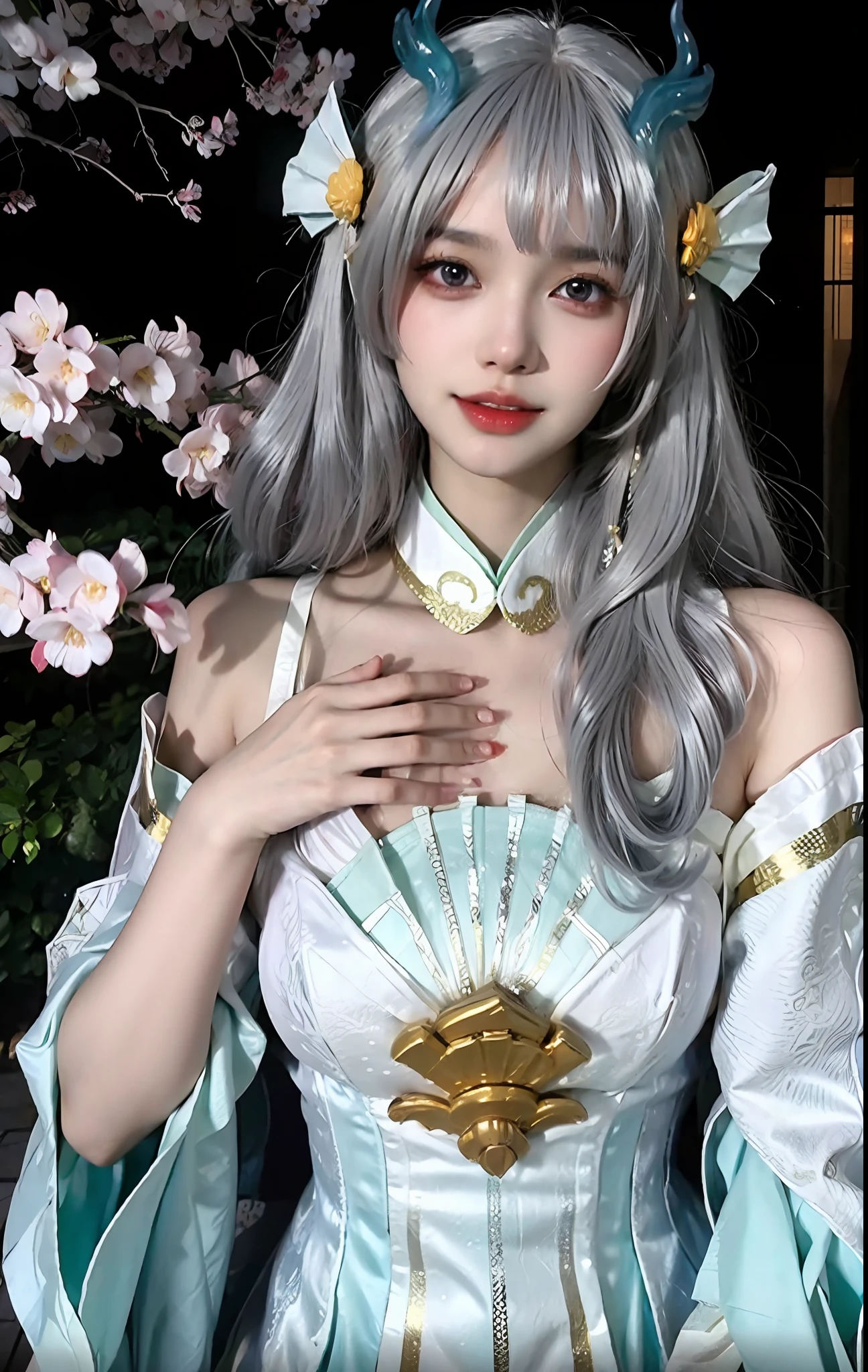 (ulzzang-6500-v1.1:0.8),(raw photo:1.2),((photorealistic:1.4)),(upper body),best quality ,masterpiece, an extremely delicate and beautiful, extremely detailed ,CG ,unity ,8k wallpaper, Amazing, finely detail, masterpiece,best quality,official art,extremely detailed CG unity 8k wallpaper,absurdres, incredibly absurdres, huge filesize, ultra-detailed, highres, extremely detailed,beautiful detailed girl, extremely detailed eyes and face, beautiful detailed eyes,light on face,cinematic lighting,1girl,looking at viewer,east asian architecture,(blurry background:1.2),cherry blossoms, lantern light, depth of field,