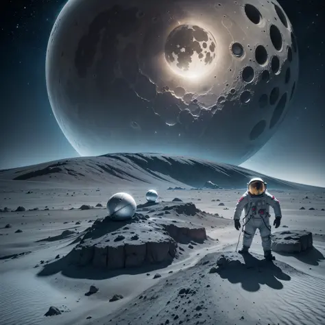 cinematic image, high quality, shadows and real lights, 8k, an astronaut walking on the surface of the moon waving to a flying saucer that is hovering in front of him with mysterious lights