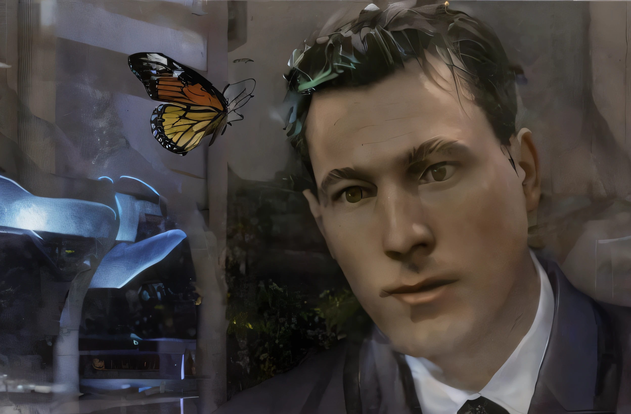 there is a man in a suit and tie holding a butterfly, andre breton, inspired by Max Klinger, inspired by Julius Klinger, inspired by István Regős, inspired by Ceferí Olivé, stanisław szukalski, inspired by Alfred Janes, inspired by Hariton Pushwagner, inspired by Isidor Kaufman (best quality, background universe) --auto