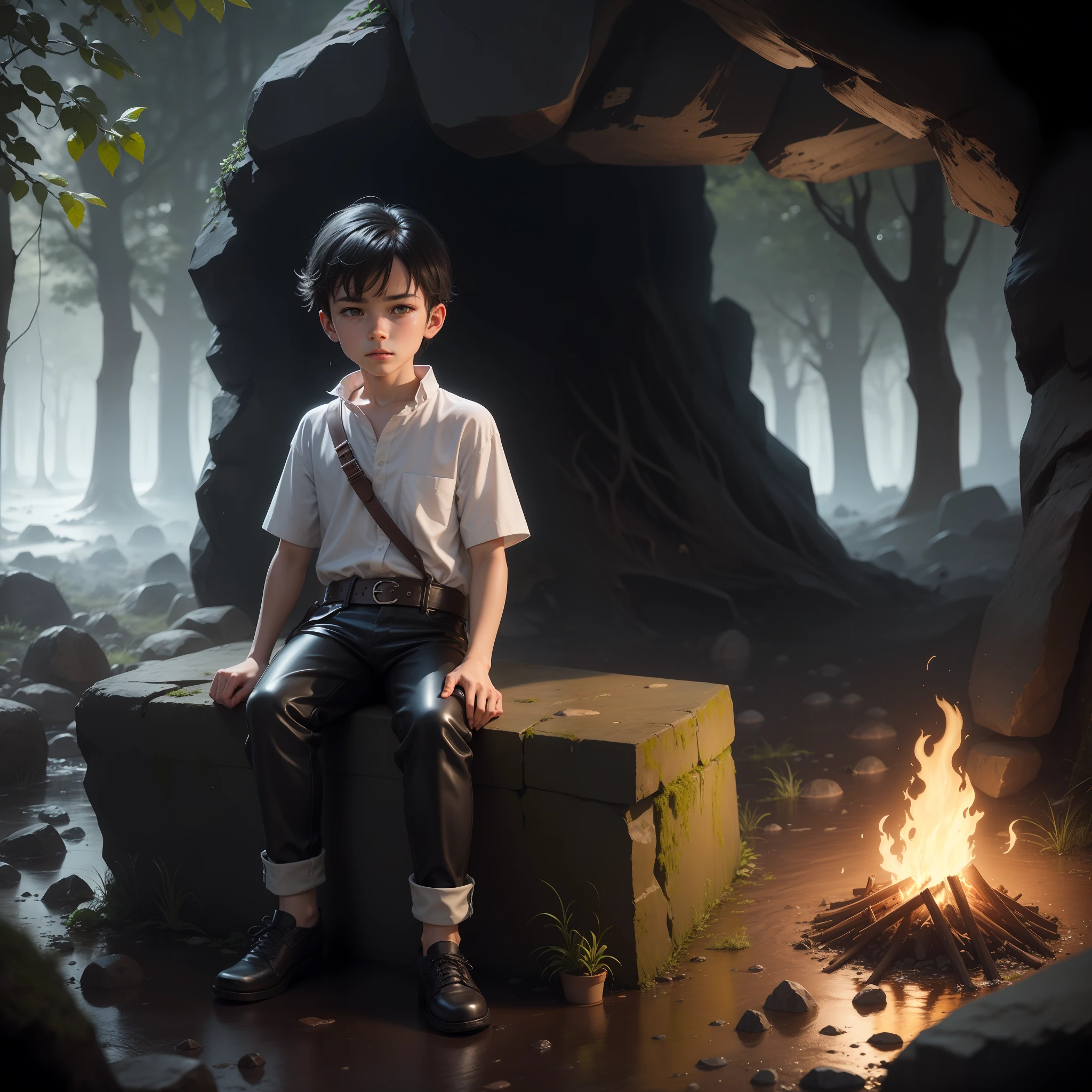 High quality realistic Anime style, high definition high quality realistic, shaded, photorealism, Ray tracing, 8k, uhd, masterpiece, small male kid (around 9yo) alone, young , peasent medieval clothes white shirt with belts and leather pants, dirty clothes, black hair, distinguish and strong colored yellow eyes, sitting holding his ones, with cold, on the entrance of a cave, strong rain, dark mood, strong tempest, serious and lost expression. Stone cave in a Forrest surrounded by rain and no sunlight, bonfire, night time, moonlight