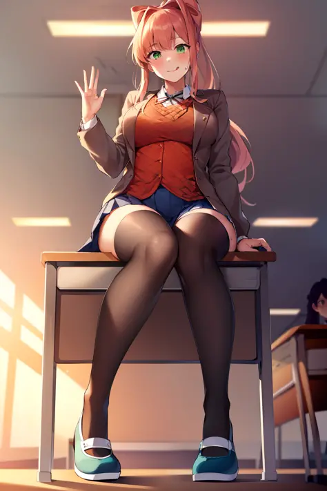 2d, masterpiece, best quality, anime, highly detailed, 1girl, solo, monika, green eyes, very long hair, ponytail, school uniform, straight-on, smile, (full body:1.5), giantess, smile, (from below:1.5), thick thighs, looking down at viewer, upskirt, (large ...