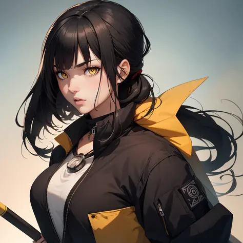 Female character with long black hair with huge and split bangs completely covering one eye, yellow eyes with a black dot in the middle, large middle lips with brown Baton, thin eyebrows, big nose, alone, jacket, black ninja outfit, necklace, hair tied, ba...