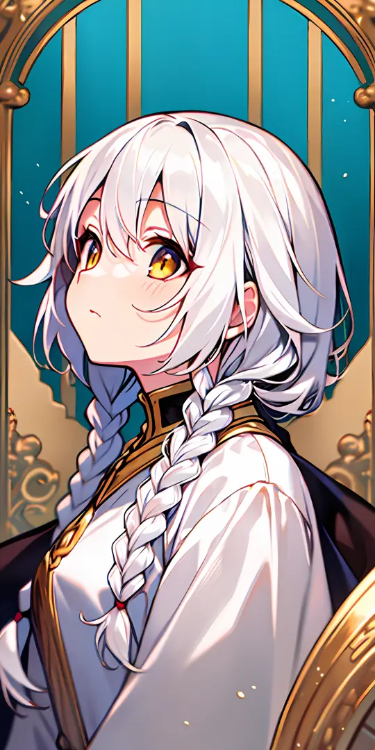 best quality, masterpiece,white hair, gold eyes,white clothes, looking up, upper body,hair strand,fair skin,side braids